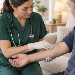Representative healthcare professional examining a TB skin test site